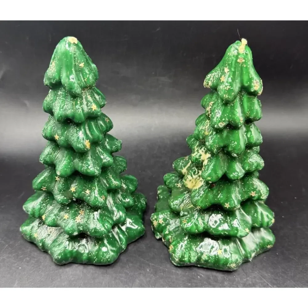 VTG Gurley 2 Green Christmas Tree Candles Gold Stars Holiday Decor 8